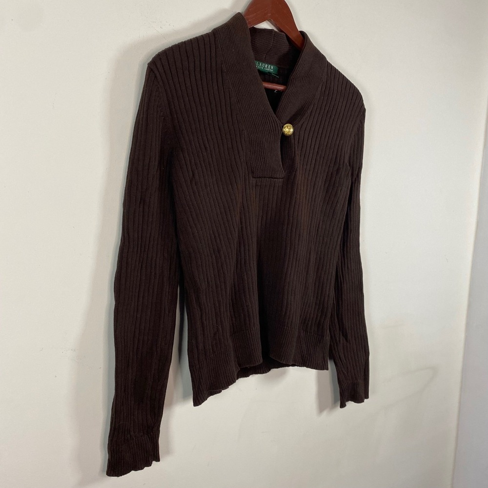Lauren Ralph Lauren Chocolate Brown Ribbed Sweater Shawl Collar Gold Button Med - Picture 3 of 6